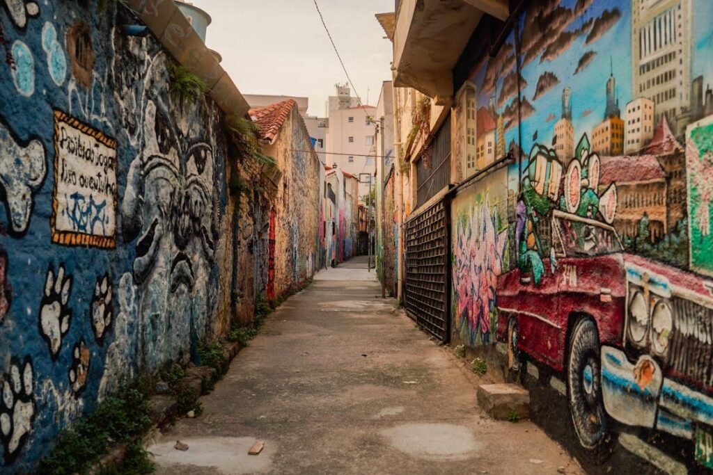 Vibrant Alleyway with Urban Street Art Murals