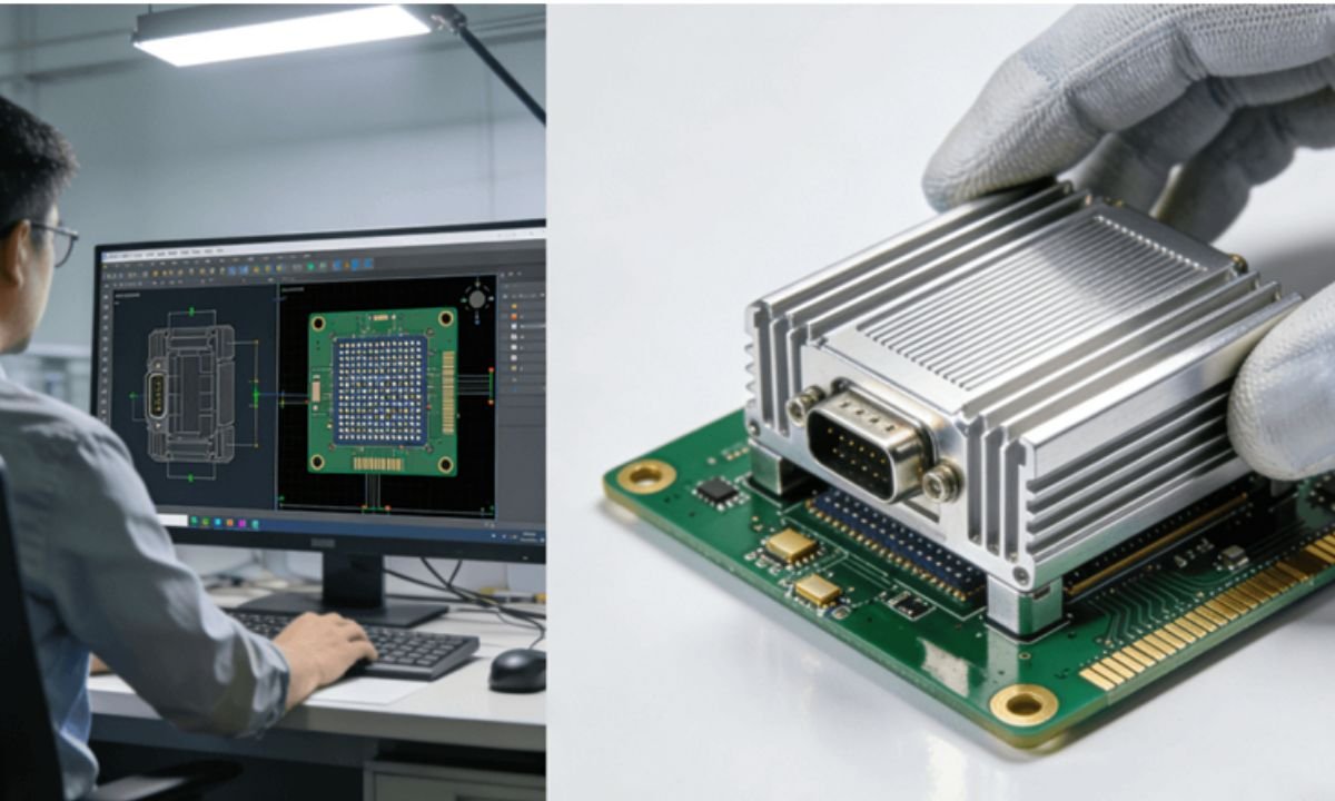 An engineer assembles a precision CNCmachined aluminum shield onto a high-density PCB, demonstrating the critical fit betweenprecision machining parts and electronic boards for aerospace and medical devices.