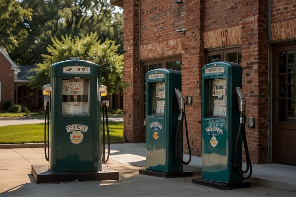 Detailed view of vintage gas pumps and courtyard features at the restored station in Columbia Tennessee