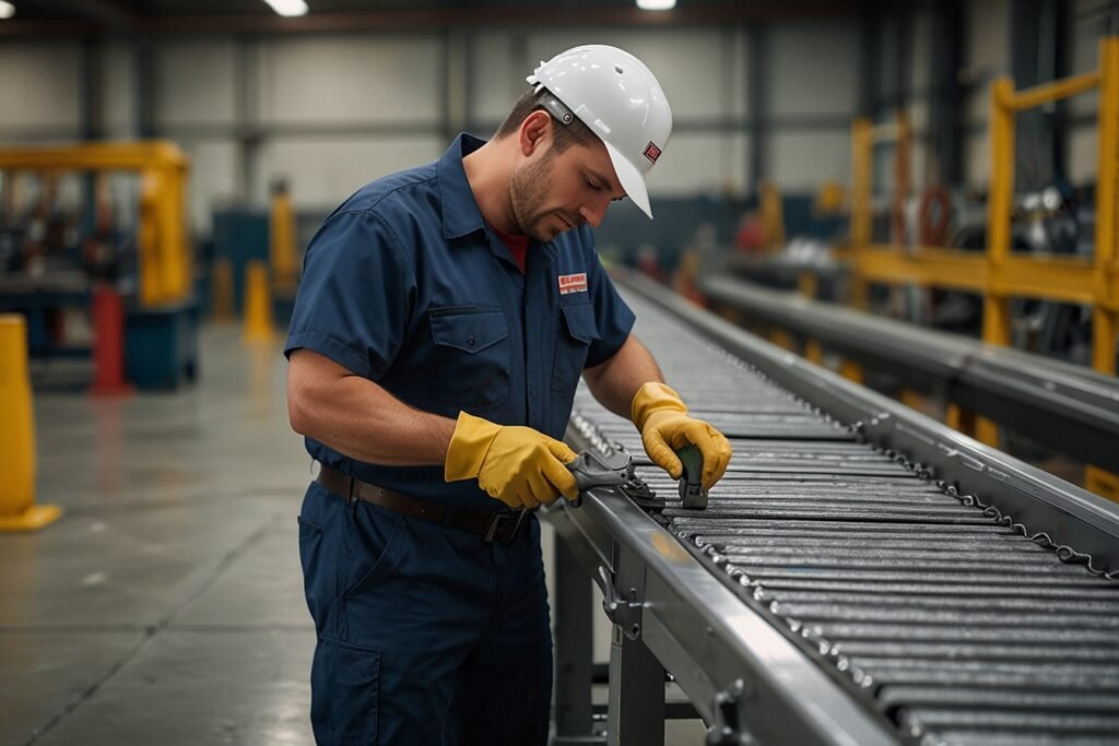 Maintenance worker easily installing a metal conveyor belt without tools, showcasing reduced downtime